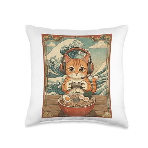 Kawaii Anime Gamer Cat Ramen Retro Japanese Gaming Funny Throw Pillow
