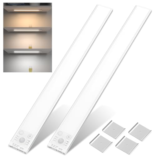 SIBI Under Cabinet LED Lights, 2 Pack 16 Inch Dimmable Motion Sensor Lights, 3 Color Temps USB-C Rechargeable Wireless Closet Lights Night Light for Kitchen, Wardrobe, Stair, Hallway
