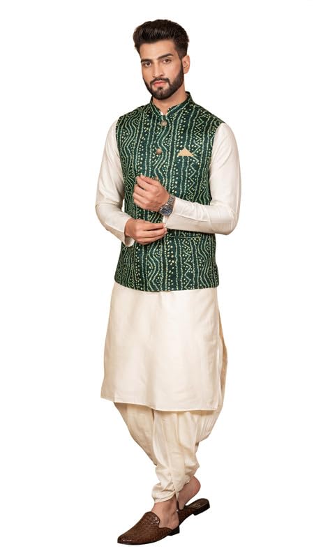 Kisah Men's Kurta Jacket Dhoti Set, Green Silk Blend, Regular Fit Printed Mandarin Collar Long Sleeves (40)