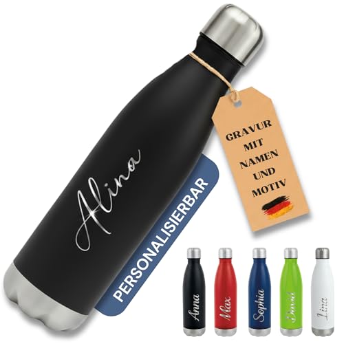 SMARTEON Trinkflasche personalisiert mit Namen – Edelstahl Isolierflasche mit Gravur – Personalisierte Sportflasche Erwachsene & Kinder – Thermosflasche personalisiert – Flasche mit Namen (Schwarz)
