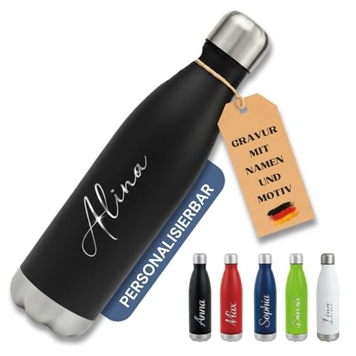 SMARTEON Trinkflasche personalisiert mit Namen – Edelstahl Isolierflasche mit Gravur – Personalisierte Sportflasche Erwachsene & Kinder – Thermosflasche personalisiert – Flasche mit Namen (Schwarz)
