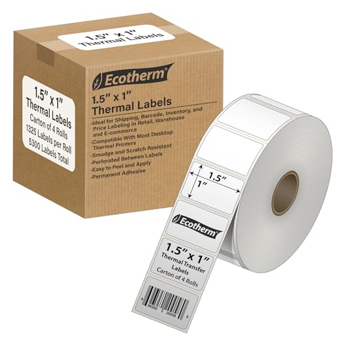 1.5" x 1" Thermal Labels | 4 Rolls | 5300 Labels | fits Zebra, Godex, Arkscan, iDPRT, Offnova Thermal Label Printers and More | Blank White Adhesive Stickers by Ecotherm