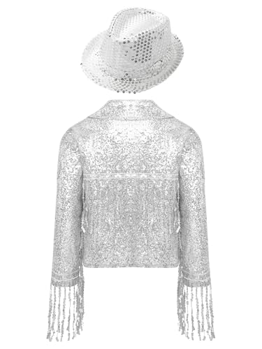 Linjinx Kids Girls Sequins Jackets Shiny Long Sleeve Hip Hop Disco Coat Outwear with Hat Set Ballroom Dancewear4