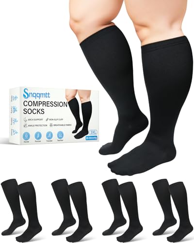 Snqqmtt 4 Pairs Plus Size Compression Socks for Women Men Wide Calf, Large Knee High Support Stockings for Circulation, Prevent Swelling, All Day Comfort, for Pregnant Nurse Exercise Travel, 20-30 mmHg