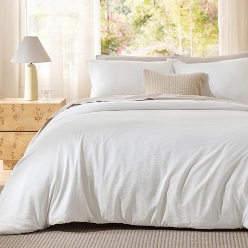 Image of Bedsure Textured Duvet Cover Queen Size - Cotton-Like Polyester Jacquard Duvet Cover Set for All Seasons - 3 Pieces Ultra Soft Bedding Set with 2 Pillow Shams, NO Comforter (White, Queen, 90 inchx90 inch)