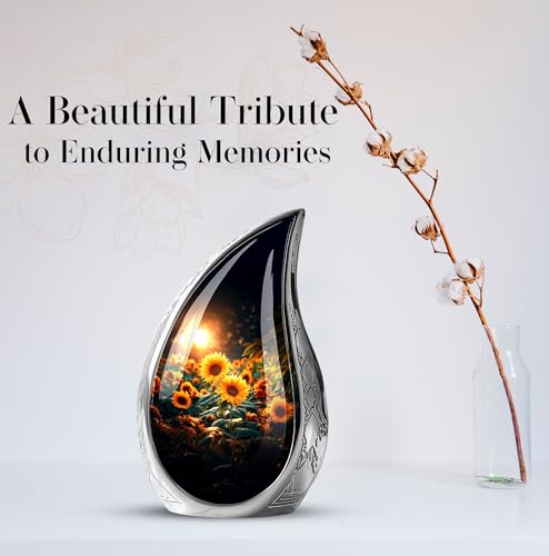 Image of Teardrop Sunflower Urns for Human Ashes Adult Female - Burial Urns for Ashes for Women - Yellow Sunflower Urn for Human Adult Male and Female - Large Decorative Urn for Mom and Dad 10inch