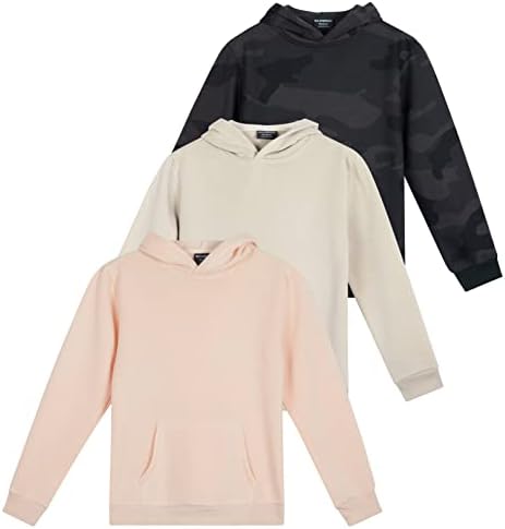3 Pack: Girls Fleece Pullover Hoodie Long Sleeve Sweatshirt cute Soft Teen fashion Sweater Uniform Youth Active Athletic Gym Tops Clothes Kids Plain Black Blue Hoody Hooded Warm - Set 4 , LG (14)