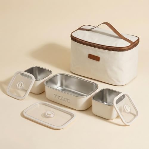 Image of Lunch Box Stainless Steel Leakproof Insulated Tiffin Box with Thermal Bag, 2750ML Large Capacity 3-Container Meal Prep Lunch Box for Office School Travel, Beige