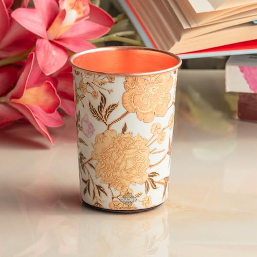 Image of INDIAN ART VILLA Copper Gold Flower Print Glass - 275 ML, Handcrafted Ayurvedic Copper Drinkware for Daily Use, Elegant Water Glass for Home, Office, and Special Gifting, Set of 1