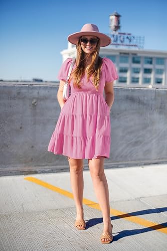 Image of ZESICA Women's Boho 2026 Summer Square Neck Puff Sleeve Off Shoulder Smocked Tiered Casual A Line Short Mini Dress