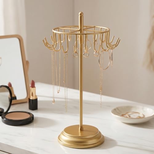 Image of ecofynd Metal Jewelry Organizer Stand with 20 Hooks, 360 Rotating 17-Inch Holder for Earrings, Necklaces, Bracelets & Rings, Space-Saving Display for Vanity, Dressing Table & Home (Gold, JS012)
