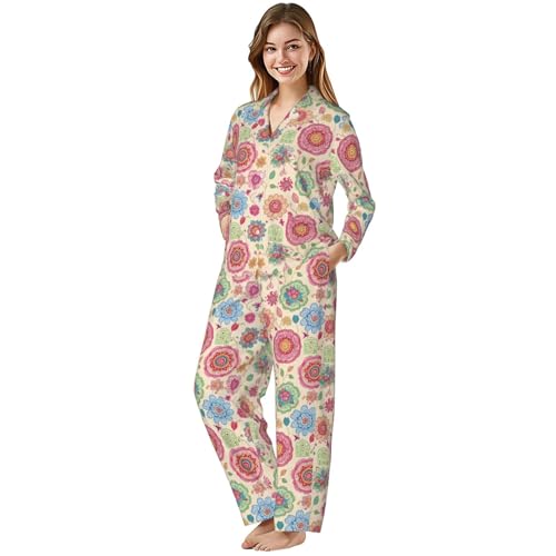Image of Women'S Long Sleeve Pajama Set Soft Loungewear Button-Down Top & Elastic Waist Pants S- 2XL