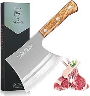LA TIM'S Meat Cleaver Knife, 2 lb Heavy Duty Cleaver with Hand Forged High Carbon Steel, Butcher Knife for Chopping Bones, Solid Wood Handle
