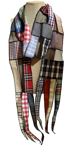 LRW DESIGNS - Women’s Handmade Oblong Patchwork Scarf made from Recycled Men’s Shirts and Black Tulle with Tail Accents