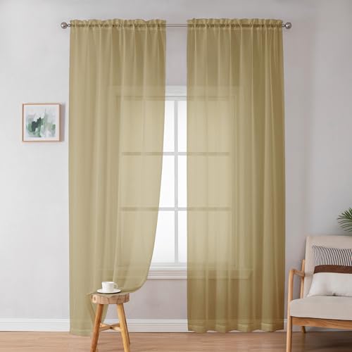 Image of OWENIE Gold Sheer Curtains 84 Inch Length 2 Panels Set, Light Filtering Voile Fimly Sheer Drapes for Living Room /Bedroom, 2pcs, Gold Solid Rod Pocket Sheer Curtains, Each 42 inch W x 84 inch L