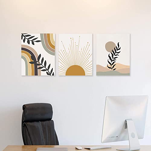 Minimalist Boho Wall Art, Boho Wall Decor, Framed Canvas Wall Art Sun Moon Palm Leaf Mountain Rainbow Beige Artwork Prints, Neutral Geometric Mid-Century Modern Posters For Living Room, Bedroom, Bathroom, Office, Boho Room Decor (12"X16"X3) #TOP6