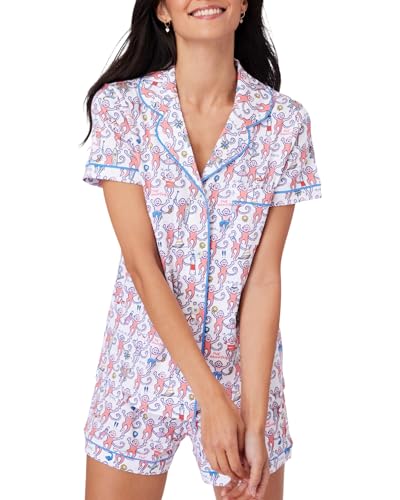 HMPEAIIY Women Y2k Pajamas Set Cute Preppy 2PCS Button Down Holiday Monkey Shorts Matching Summer Outfit Beach Vacation Loungewear PJs for Christmas Thanksgiving Gift(Monkey#Hamptons X-Small)