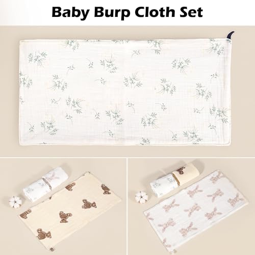 LIAORATELUO Muslin Burp Cloths 3-Pack, Large 20" x 10", 100% Cotton, Ultra-Absorbent for Newborns, Cute Neutral Prints, Multi-Use as Wash Cloths, Face Cloths & Baby Bibs — view 6