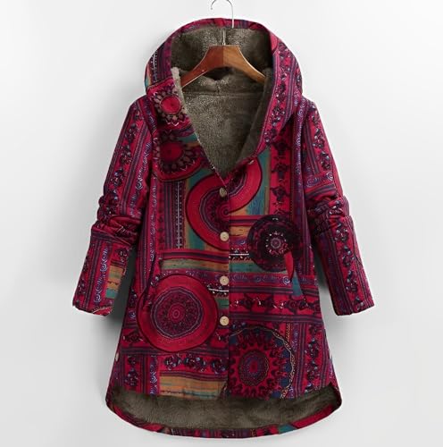 Akivide Women's Winter Ethnic Style Patchwork Sherpa Fleece Lined Hooded Jacket Plus Size Fluffy Warm Outwear with Pockets2