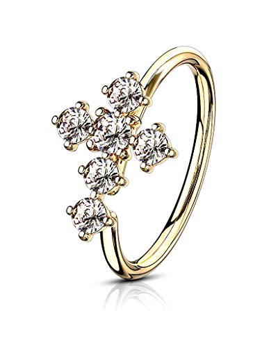 Forbidden Body Jewelry 20g 8mm 14k Gold Plated Brass Bendable Nose Ring & Cartilage Hoop Featuring CZ Lined Cross Top