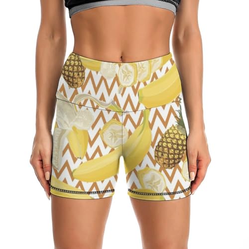 JYYAU Tropical Banana Pineapple Pattern High Waist Yoga Shorts for Women Athletic Shorts Leggings Running Pants Black