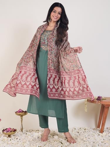 Image of INDO ERA Women's Silk Blend Ethnic Motifs Embroidered Straight Kurta & Pant with Dupatta Set (IESTR12341)