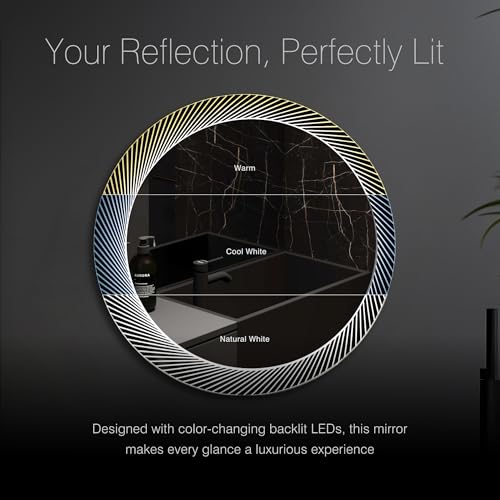 Image of Hindware Italian Collection Round LED Mirror | 780mm Frame Outer Diameter with 640mm Mirror Diameter | Touch Display | Defogger Feature Enabled | Color Changing Backlit LED Metal Frame