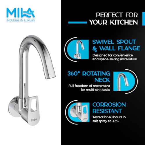 Image of Mila Floro Brass Kitchen Sink Tap | Wall Mount Cold Water Faucet with 360 Swivel Spout & Lever Handle | Mirror Chrome Finish | Durable Brass Body | Leak-Proof & Corrosion-Resistant | 12-Year Warranty