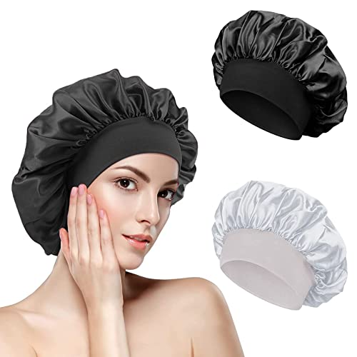 2 Stück Nachtmütze aus Satin mit breitem Stretchband, Kopfbedeckung, Satinmütze, elastische Seide, für Damen und Mädchen (Schwarz, Weiß)