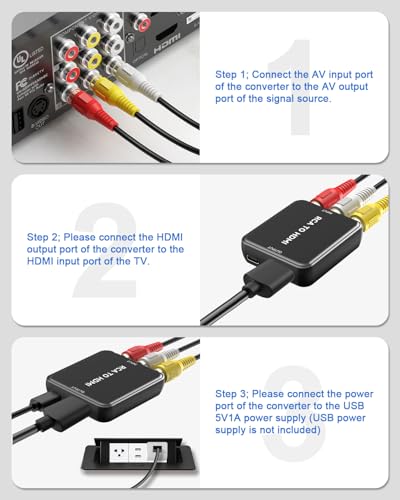 Image of RCA to HDMI Converter, AV to HDMI Converter, Composite to HDMI Adapter Supports PAL /NTSC for PS2 /VHS /VCR /Blue-Ray DVD ect.