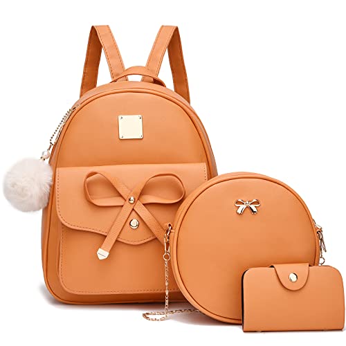 Image of I IHAYNER Girls Bowknot 3-Pieces Fahsion Leather Backpack Backpack Purse for Women Rucksack for Ladies Shoulder Bag