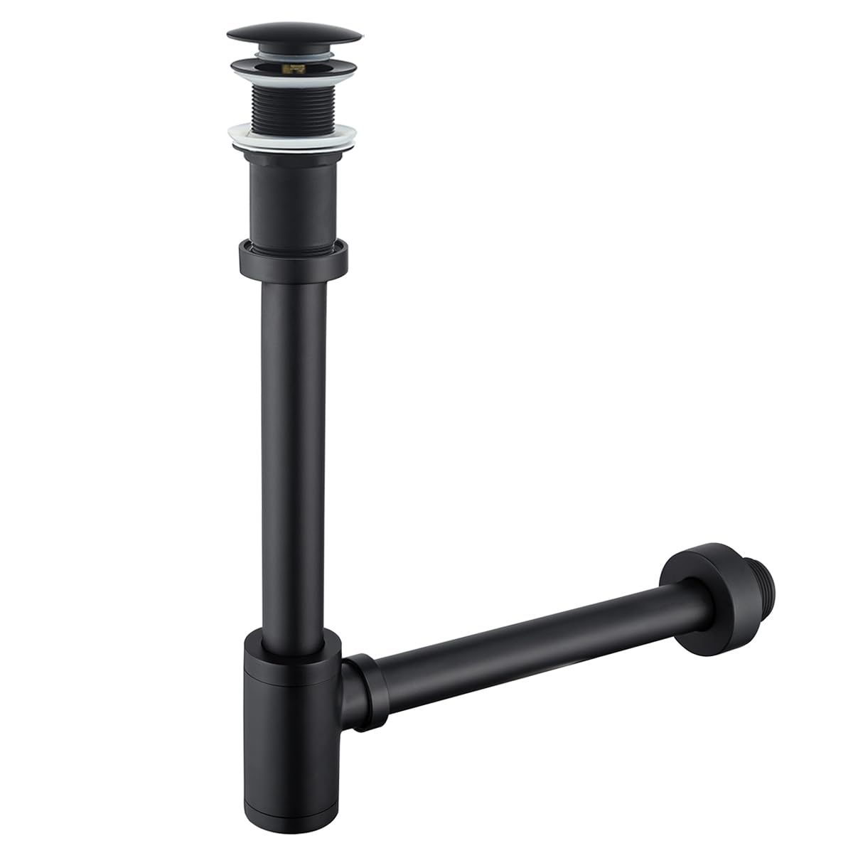 Sifón Redondo de latón con tapón de desagüe emergente, Kit de sifón Ajustable para Lavabo y Fregadero de 1 1/4" sin rebosadero, sifón Negro Mate.