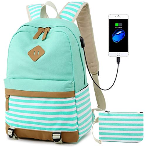 Mochila Escolares Mujer Mochila de Lona Casual Backpack Laptop Mochila para Ordenador Portátil 15.6 Pulgadas, USB Charging Port - 2 Packs (Verde)