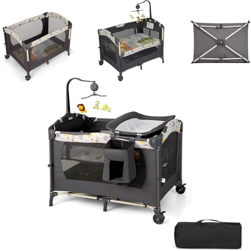 FANTASK Cuna de viaje plegable 4 en 1, soporta 15 kg, cuna auxiliar con bolsa de transporte, 2 niveles de altura ajustable, colchón y caja de juegos, cambiador y parque, moisés móvil