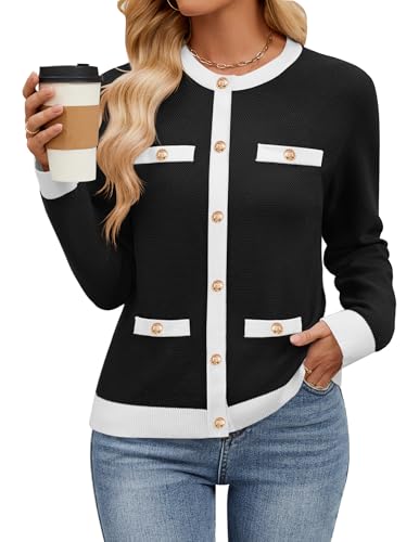 HAEOF Women's 2025 Fall Fashion Lightweight Cardigan Sweaters Long Sleeve Button Down Textured Loose Fit Dressy Casual Blouse(Black, S)