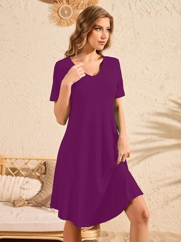 Image of DEARCASE Summer Dresses for Women V-Neck Short Sleeve T Shirt Dress Casual Flowy Swing Beach Vacation Mini Sundress