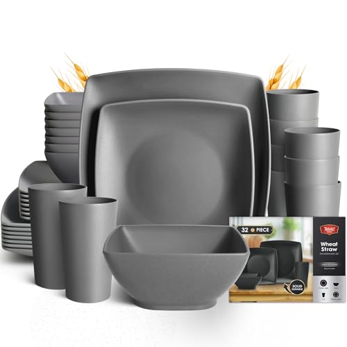 Teivio 32-piece Plastic Wheat Straw Square Dinnerware Set for 8, Unbreakable Dinner Plates, Salad Plates, Snack Bowls, Tumblers 20 oz, Dishwasher Safe, Grey