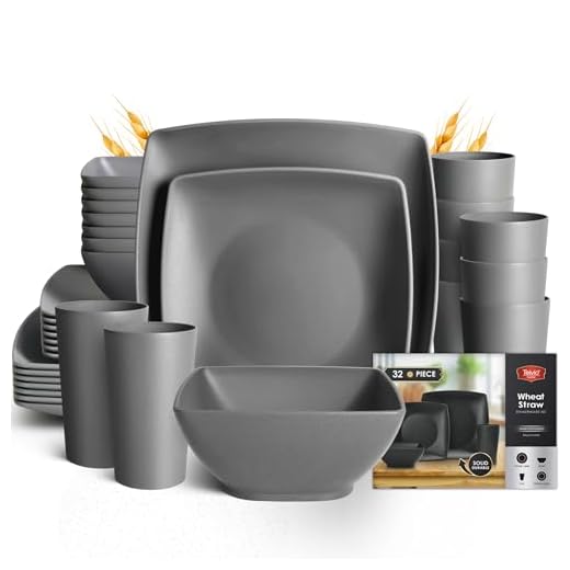 Teivio 32-piece Plastic Wheat Straw Square Dinnerware Set for 8, Unbreakable Dinner Plates, Salad Plates, Snack Bowls, Tumblers 20 oz, Dishwasher Safe, Grey