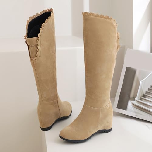 Asterisco Women Wedge Heel Knee High Boots Rivets Mid Heel Boot Round Toe Slip On Winter Boots, Size 3-103