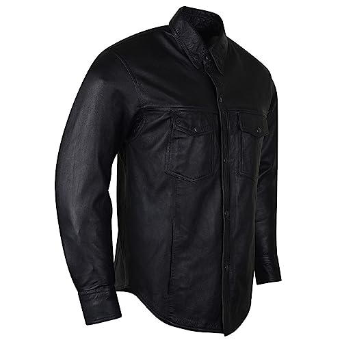 Camisa masculina oculta preta de couro bovino motociclista motociclista, Preto, XXG