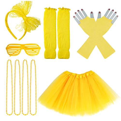 jiebor 80s Costume Accessories Outfits for Kids Girls Tutu Skirt Leg Warmers Fishnet Gloves Shutter Glass Necklace Headband Yellow