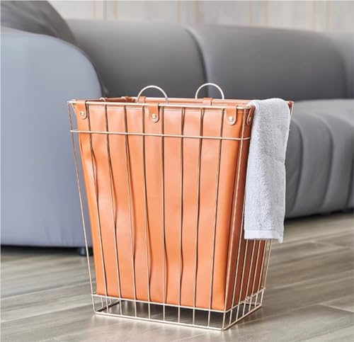 Panier à linge en cuir avec support en métal et poignées de rangement - 7