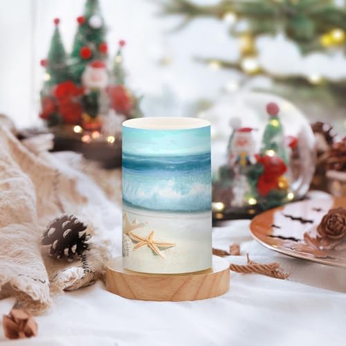 Image of Flickering Flameless Candles, Shells Summer Sandy Beach LED Candles with Remote Timer, Set of 2 Battery Operated Candle for Valentine Wedding Birthday
