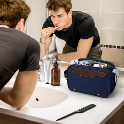 Image of Wedama Toiletry Bag for Men, Medium Hanging Travel Toiletry Bag, Extra Electronic Organizer Bag Waterproof Shaving Bag for Toiletries with PU Handle for Travel Business Trips Swim Camping, Blue
