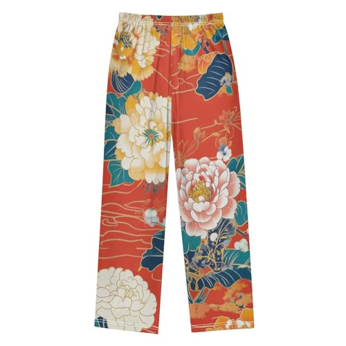 Peony Florals Boys Long Pants Soft Trousers Elastic Waist Kids Lounge Bottoms with Pockets S-XL2