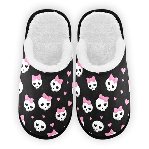 Pink Heart Skull Bow Cute Slippers For Women Men Soft Memory Foam Non-Slip Halloween Winter Indoor House Shoes Travel Slipper