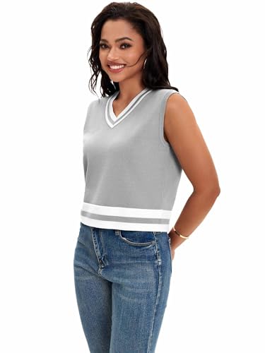 Image of Womens Cropped Sweater Vest V Neck Sleeveless Loose Fit Tank Tops Striped Knit Lightweight Pullover Fall Sweaters
