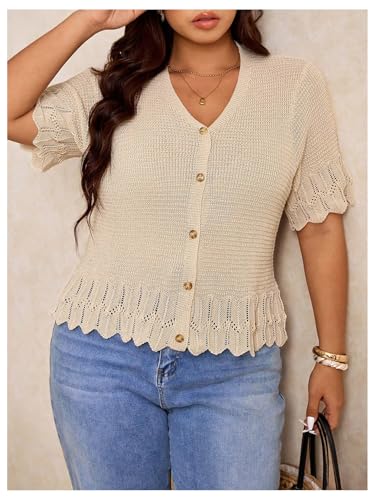 MakeMeChic Women's Lightweight Plus Size V Neck Sweater Button Down Scallop Knit Cardigan4