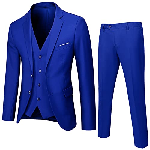 UNINUKOO Men Suits Slim Fit Dress 3 Piece 2 Button Wedding Formal Business Tuxedo Suit Jacket Pants Vest Set US Size M Royal Blue2