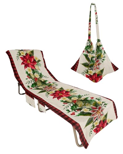 Christmas Poinsettia Beach Lounge Chair Towel Cover, Soft Chaise Lounge Towel with Side Pockets Patio Pool Chairs Cover for Beach/Pool Sunbathing 29x85 Xmas Botanical Red Black Plaid Rustic